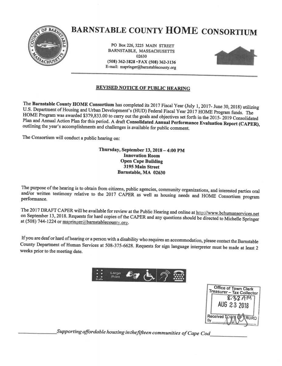Public Hearing Notice Barnstable County HOME Consortium