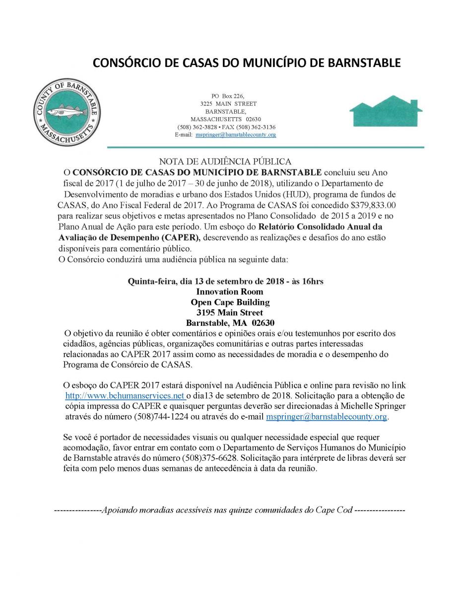 Public Hearing Notice Barnstable County HOME Consortium