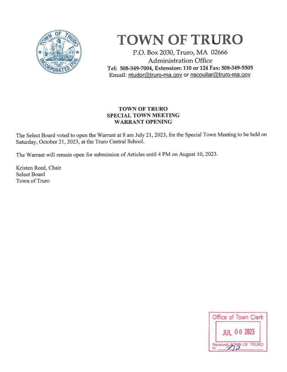 Special Town Meeting Warrant Open and Close Dates