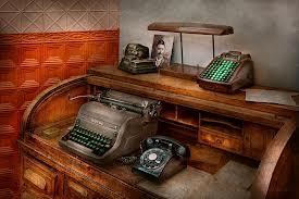 painting of desk with typewriter and rotary phone