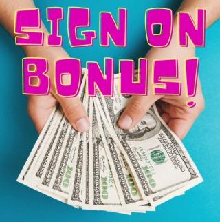 hands holding hundred dollar bills with the words "sign on bonus"
