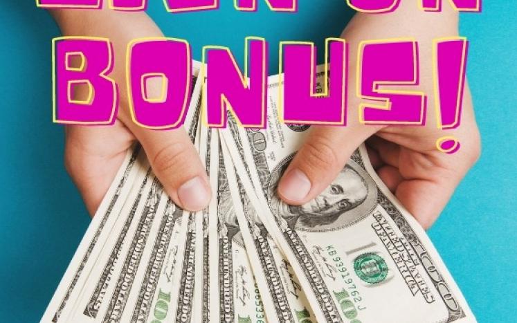 hands holding hundred dollar bills with the words "sign on bonus"
